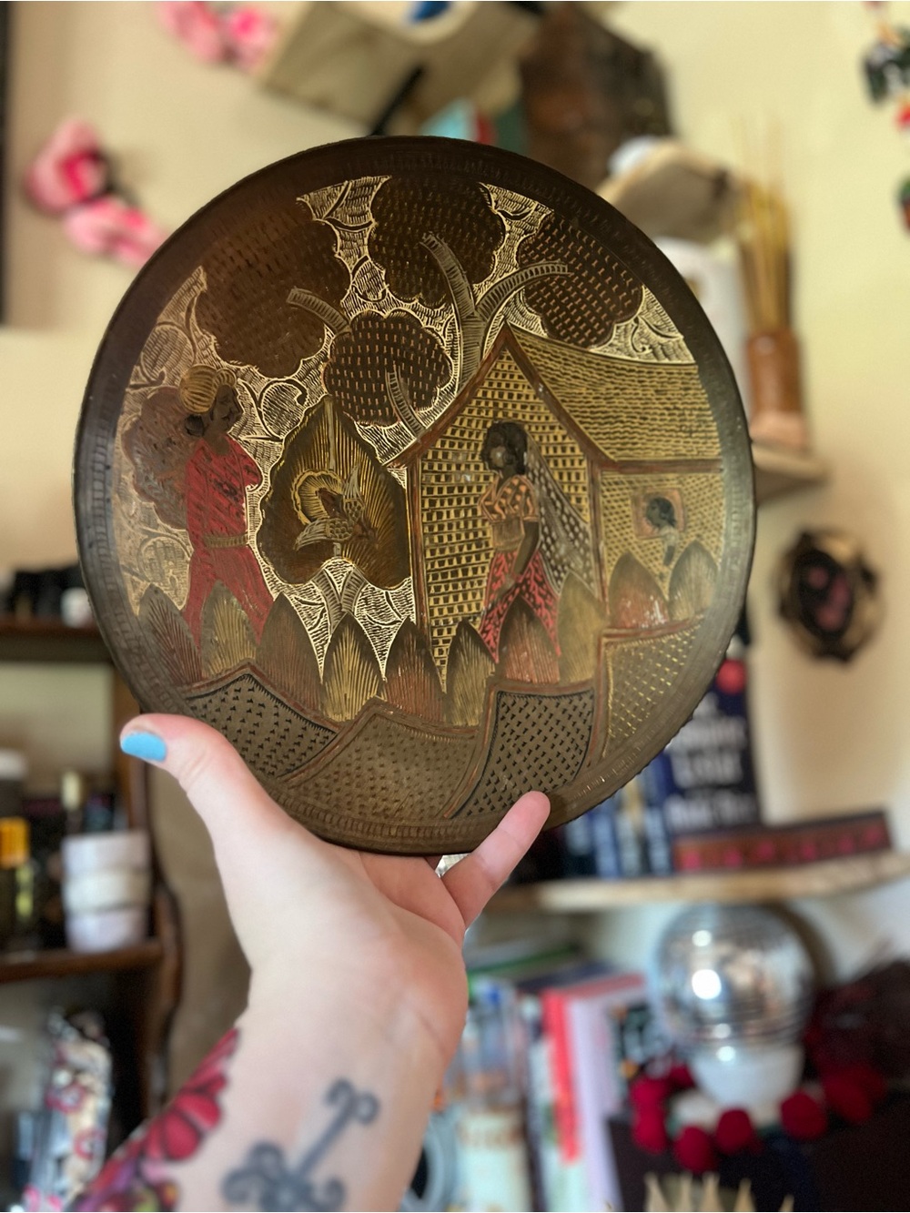 Pair of Handcrafted Brass Decorative Plate with Red Accent - Unbranded